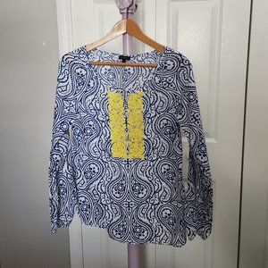 Talbots Beaded Tunic Top White Blue Yellow size S